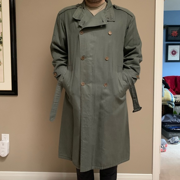 Vintage Other - Vintage Italian Olive Green Cotton Herringbone Trench Coat Wool Lined